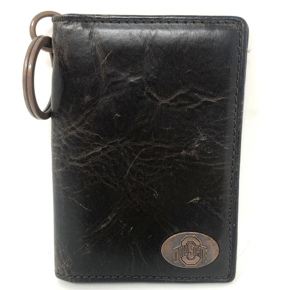 Fossil Ohio State Leather Wallet Keychain Credit Card ID Brown Folding Flip